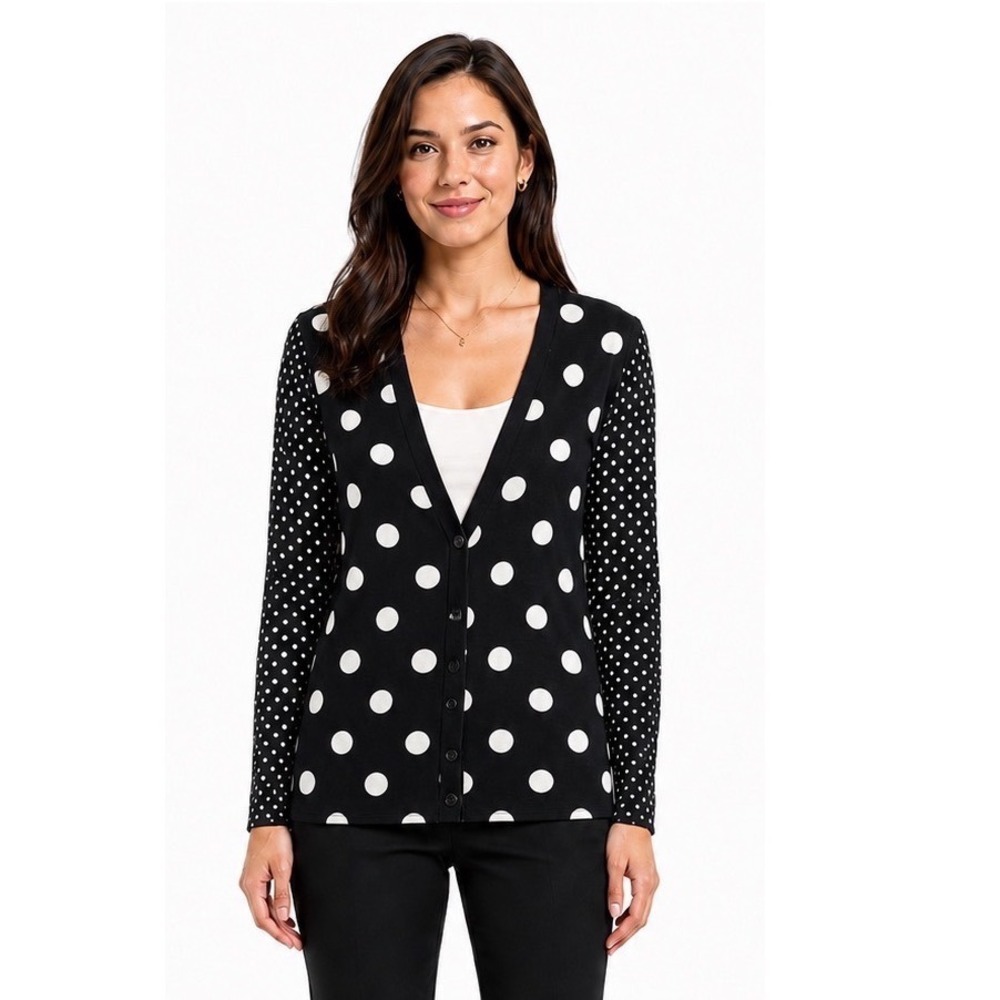 Ann Taylor Loft Polka Dot Cardigan Sweater Black White XS V-Neck  Preppy 114-00
